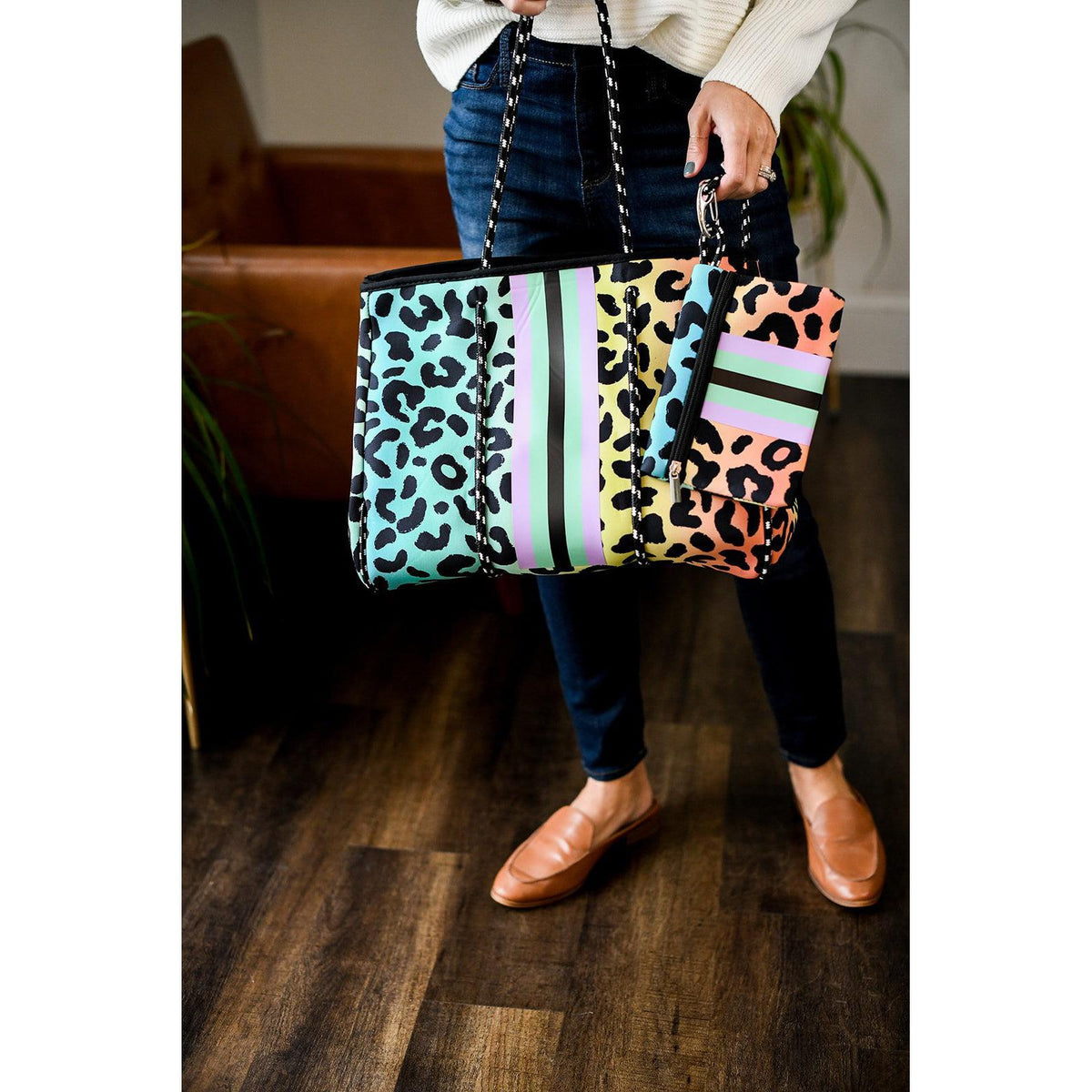 Ready to Ship | The Jenna, Rainbow Leopard Neoprene Tote