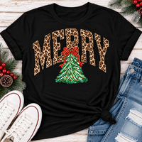 MERRY leopard print Christmas tree graphic apparel for women in black, red and beige