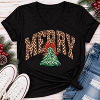 MERRY leopard print Christmas tree graphic apparel for women in black, red and beige