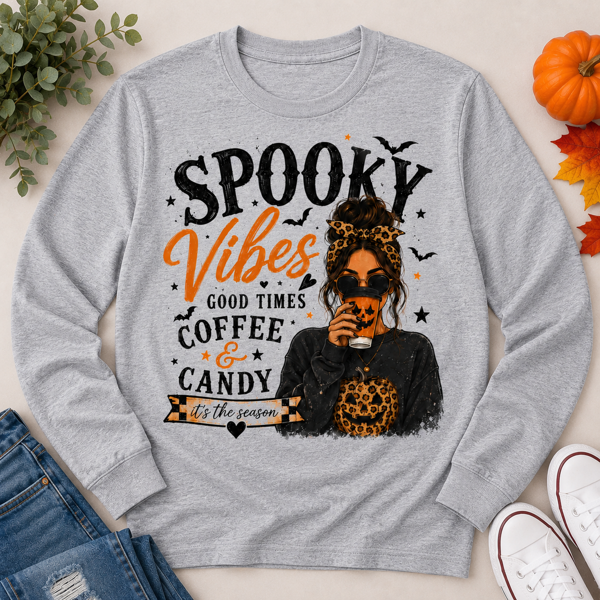 Spooky Vibes Halloween graphic long sleeve crewneck tee with coffee, pumpkin and leopard print design