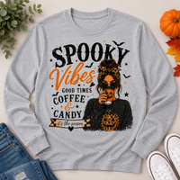 Spooky Vibes Halloween graphic long sleeve crewneck tee with coffee, pumpkin and leopard print design