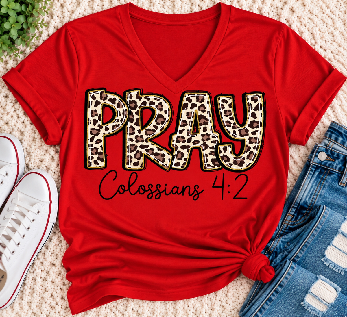 PRAY Colossians 4:2 leopard print Christian graphic shirt available in short sleeve crewneck, V-neck, long sleeve and hoodie styles.