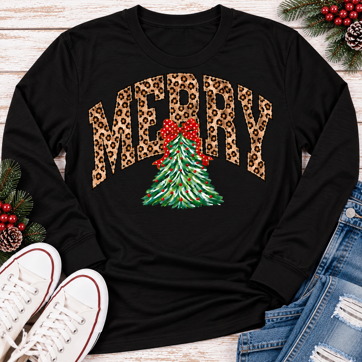 MERRY leopard print Christmas tree graphic apparel for women in black, red and beige