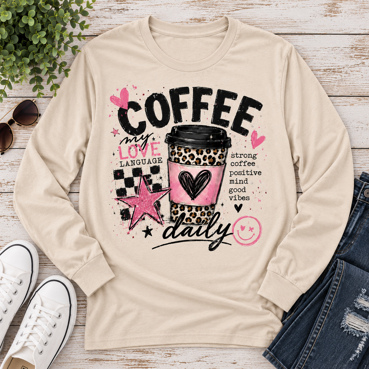 Coffee My Love Language graphic long sleeve crew neck tee with pink and leopard print coffee design