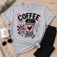 Coffee My Love Language graphic crew neck tee with pink and leopard print coffee cup design