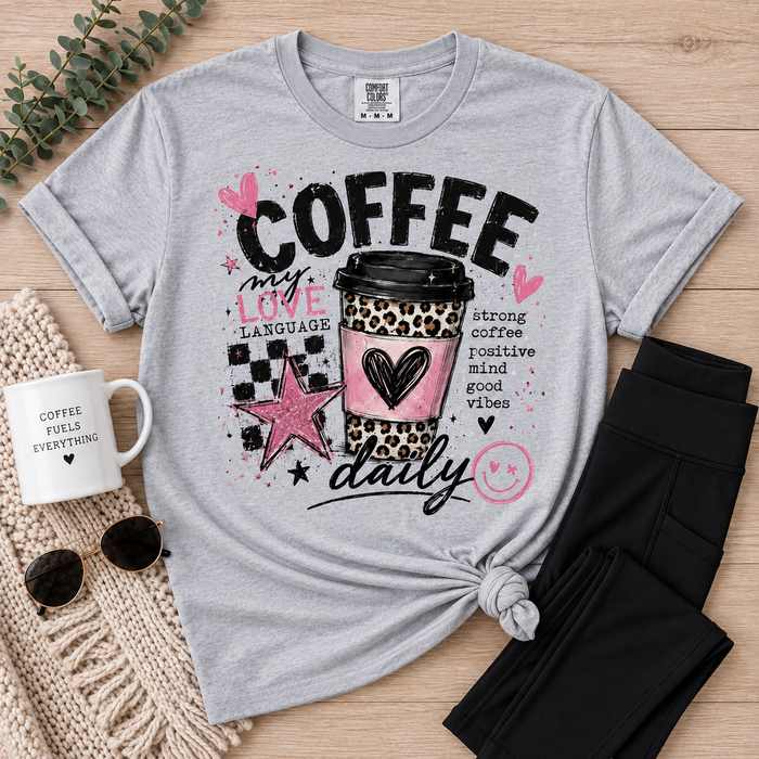 Coffee My Love Language graphic crew neck tee with pink and leopard print coffee cup design