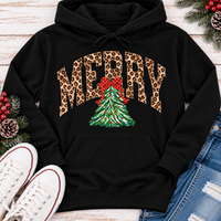 MERRY leopard print Christmas tree graphic apparel for women in black, red and beige