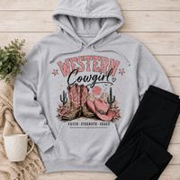 Western Cowgirl graphic hoodie featuring pink cowboy boots, cowboy hat and Faith Strength Grace design