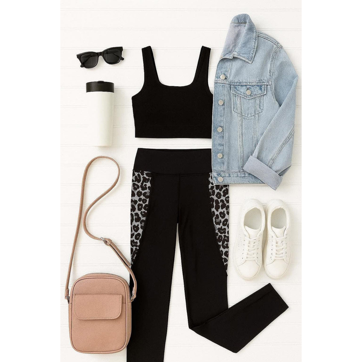 Snow leopard panel detail on  Buttery soft leopard panel leggings for women by Julia Rose