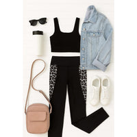 Snow leopard panel detail on  Buttery soft leopard panel leggings for women by Julia Rose