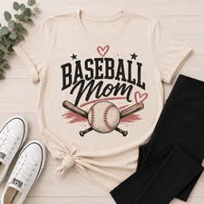 Neutral Baseball Mom graphic V-neck tee featuring a vintage baseball, crossed bats, black stars, and red heart accents.
