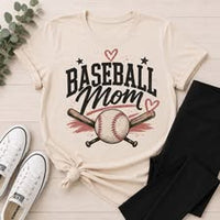 Neutral Baseball Mom graphic V-neck tee featuring a vintage baseball, crossed bats, black stars, and red heart accents.