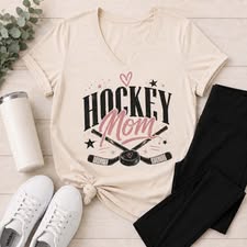 Neutral Hockey Mom V-neck T-shirt featuring crossed hockey sticks, a puck, black stars, and pink heart accents.