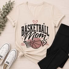 Neutral Basketball Mom V-neck T-shirt featuring a vintage basketball and hoop graphic with black stars and mauve heart accents.