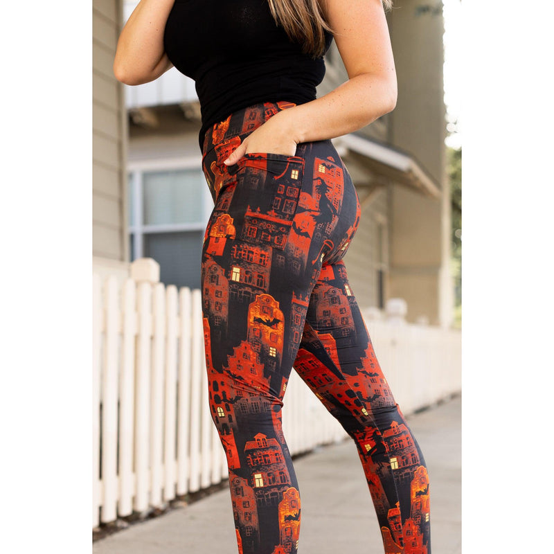 Ready to Ship | Red Haunted House Halloween Leggings