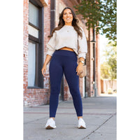 Julia Rose The Nyla navy full-length leggings with pockets, Women wearing navy pocket leggings