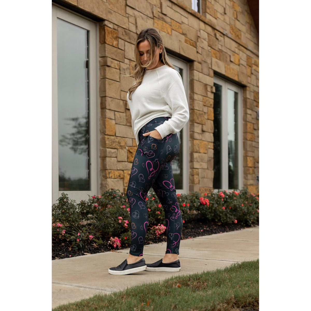 Ready to Ship | Heart Swirls (Black Background) Full Length Leggings