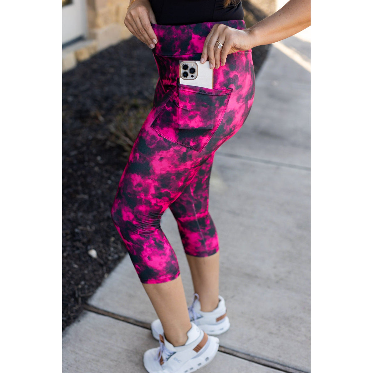 Ready to Ship | Pink and Black Tie Dye CAPRI with POCKETS