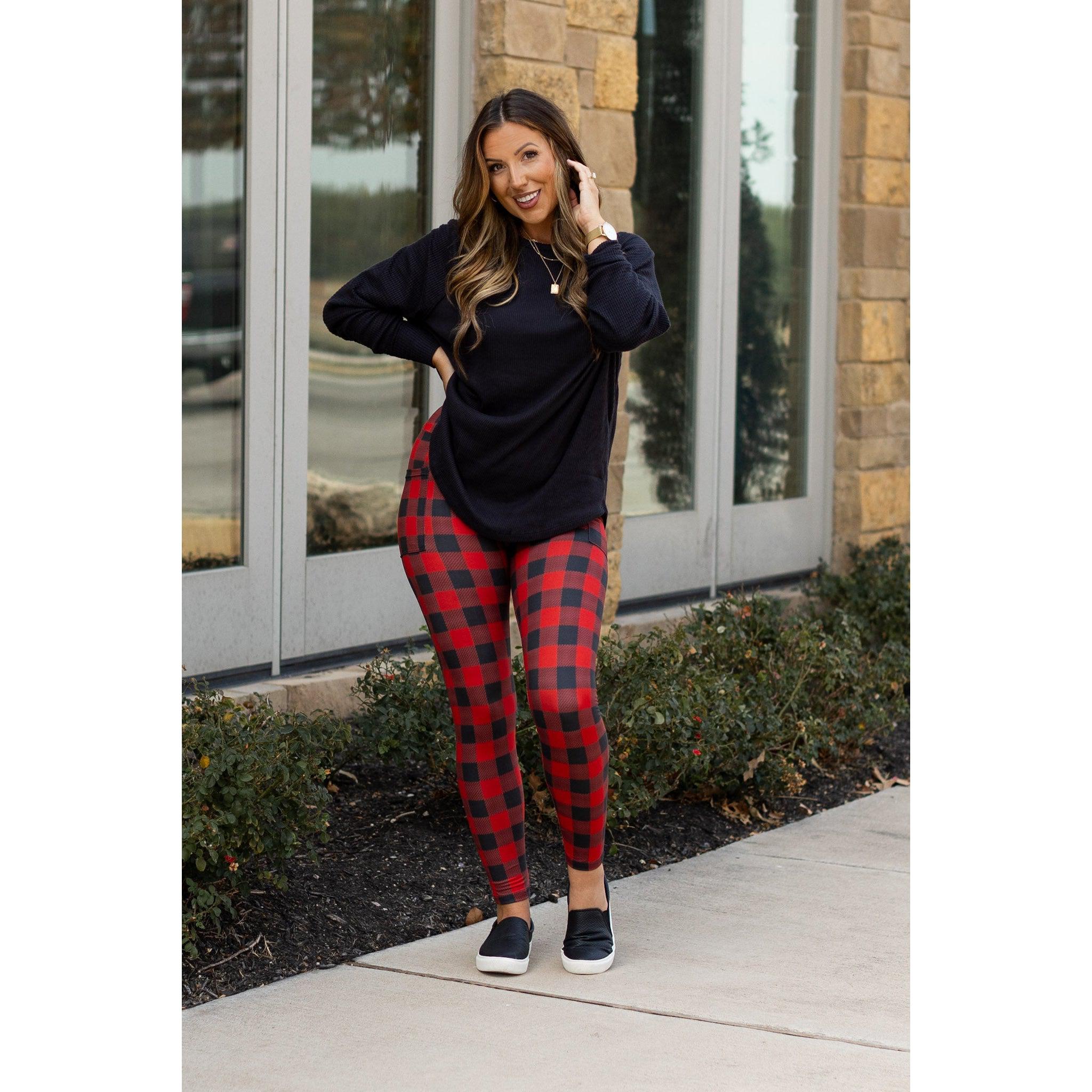 Sutton Button Leggings - Red Buffalo Plaid - Pearls and Piggytails