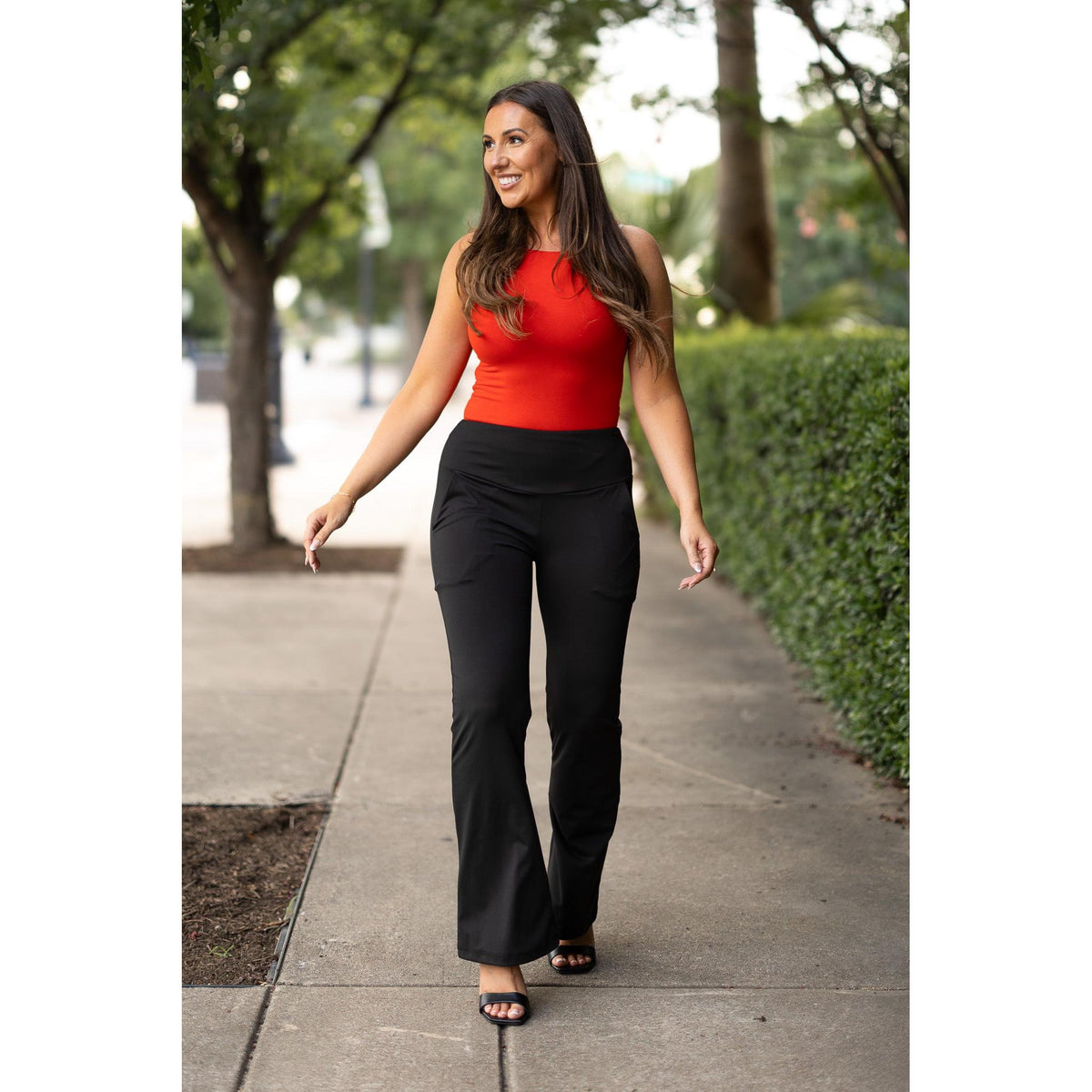 Julia Rose Mandi Everyday Tummy Control Pants women’s boutique pants front view, Woman wearing Julia Rose Mandi high waist tummy control pants