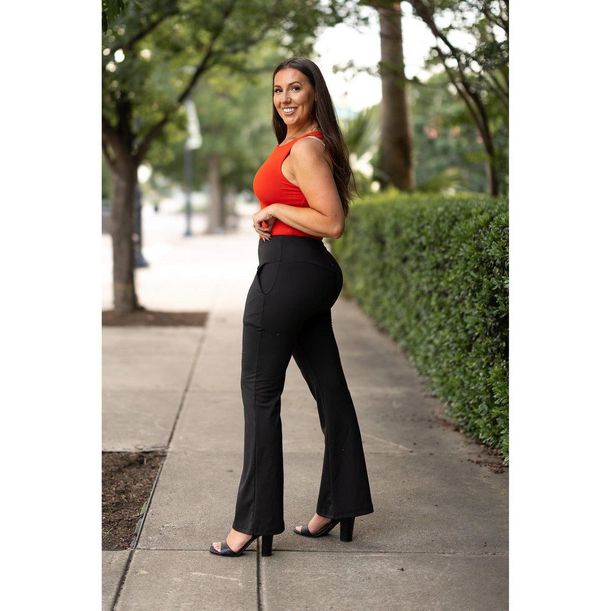 Julia Rose Mandi Everyday Tummy Control Pants women’s boutique pants front view, Woman wearing Julia Rose Mandi high waist tummy control pants