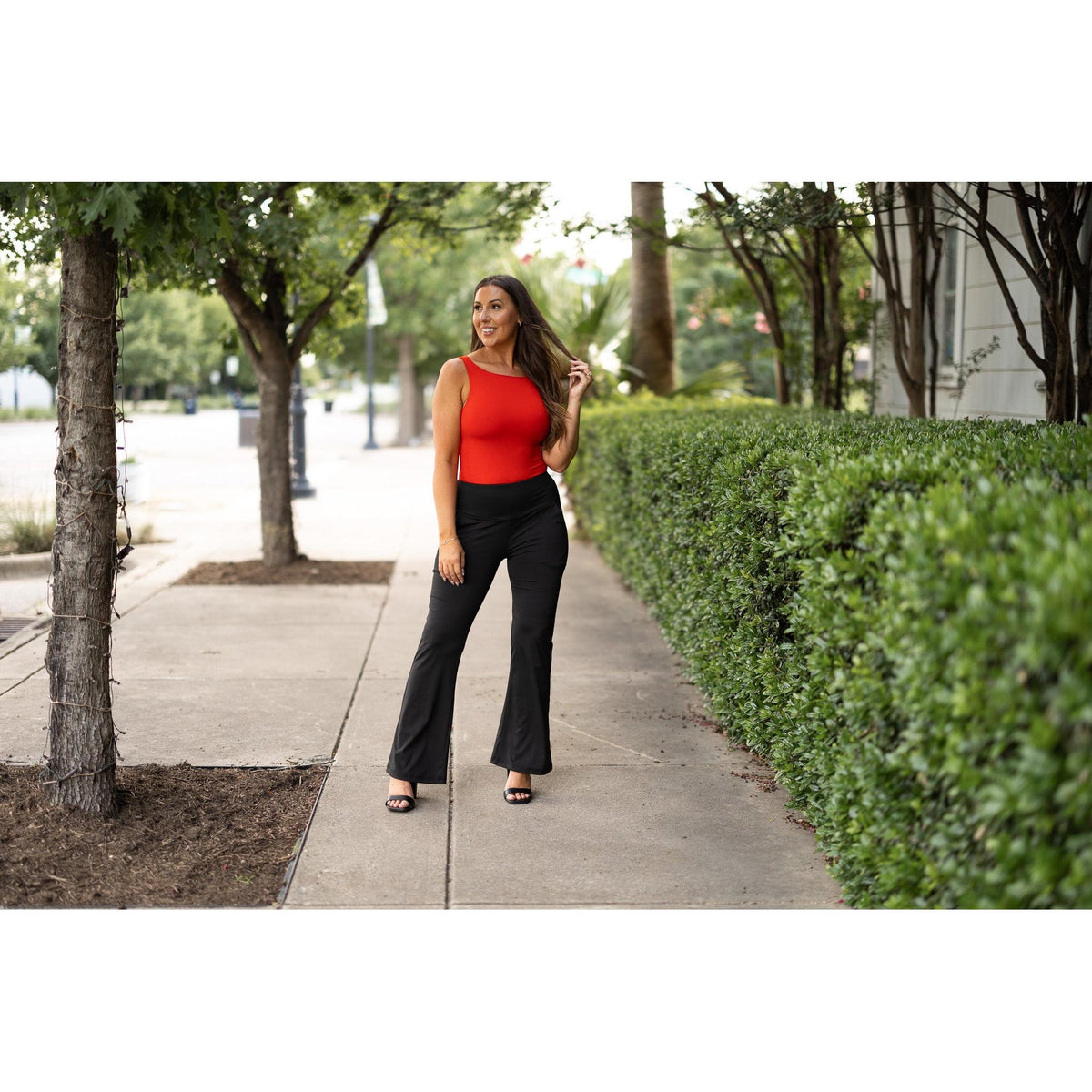Julia Rose Mandi Everyday Tummy Control Pants women’s boutique pants front view, Woman wearing Julia Rose Mandi high waist tummy control pants