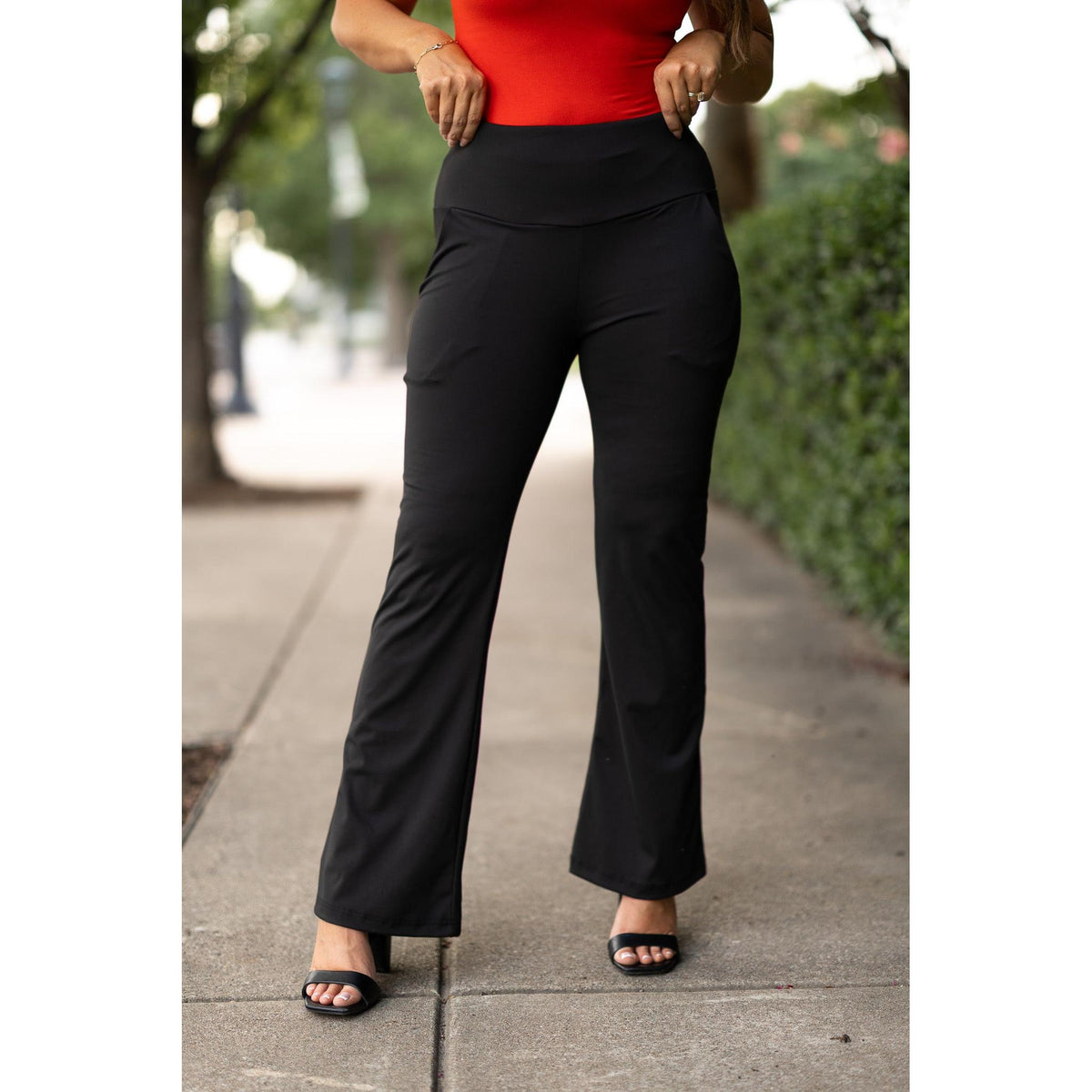 Julia Rose Mandi Everyday Tummy Control Pants women’s boutique pants front view, Woman wearing Julia Rose Mandi high waist tummy control pants