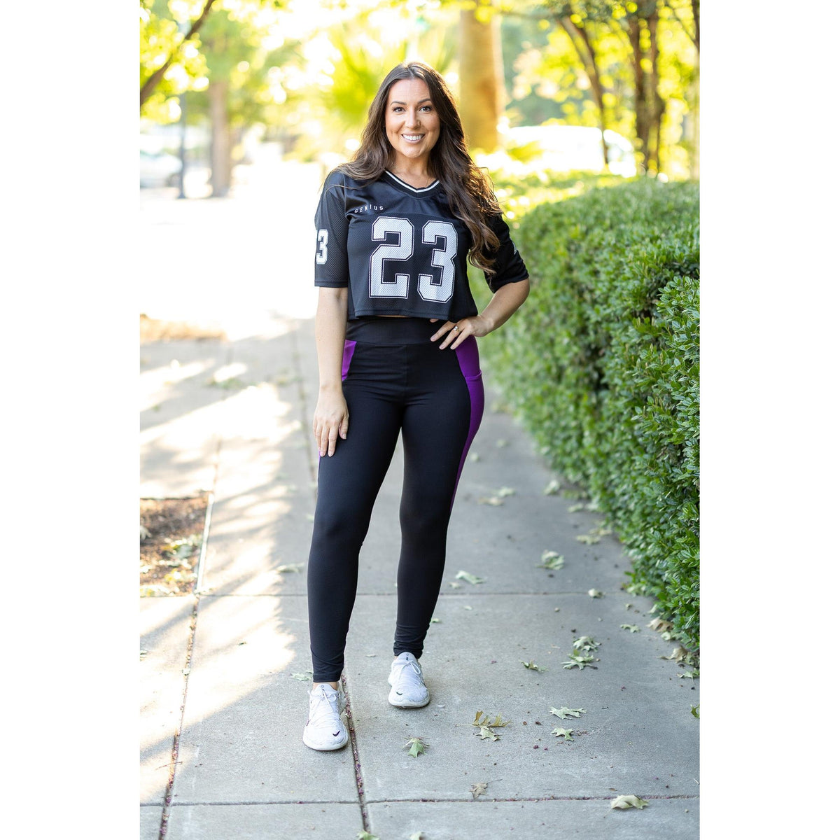 Julia Rose Presley Purple Panel Full Length Leggings women’s boutique leggings front view, Woman wearing Julia Rose Presley leggings with purple panel detail