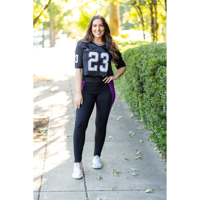 Julia Rose Presley Purple Panel Full Length Leggings women’s boutique leggings front view, Woman wearing Julia Rose Presley leggings with purple panel detail