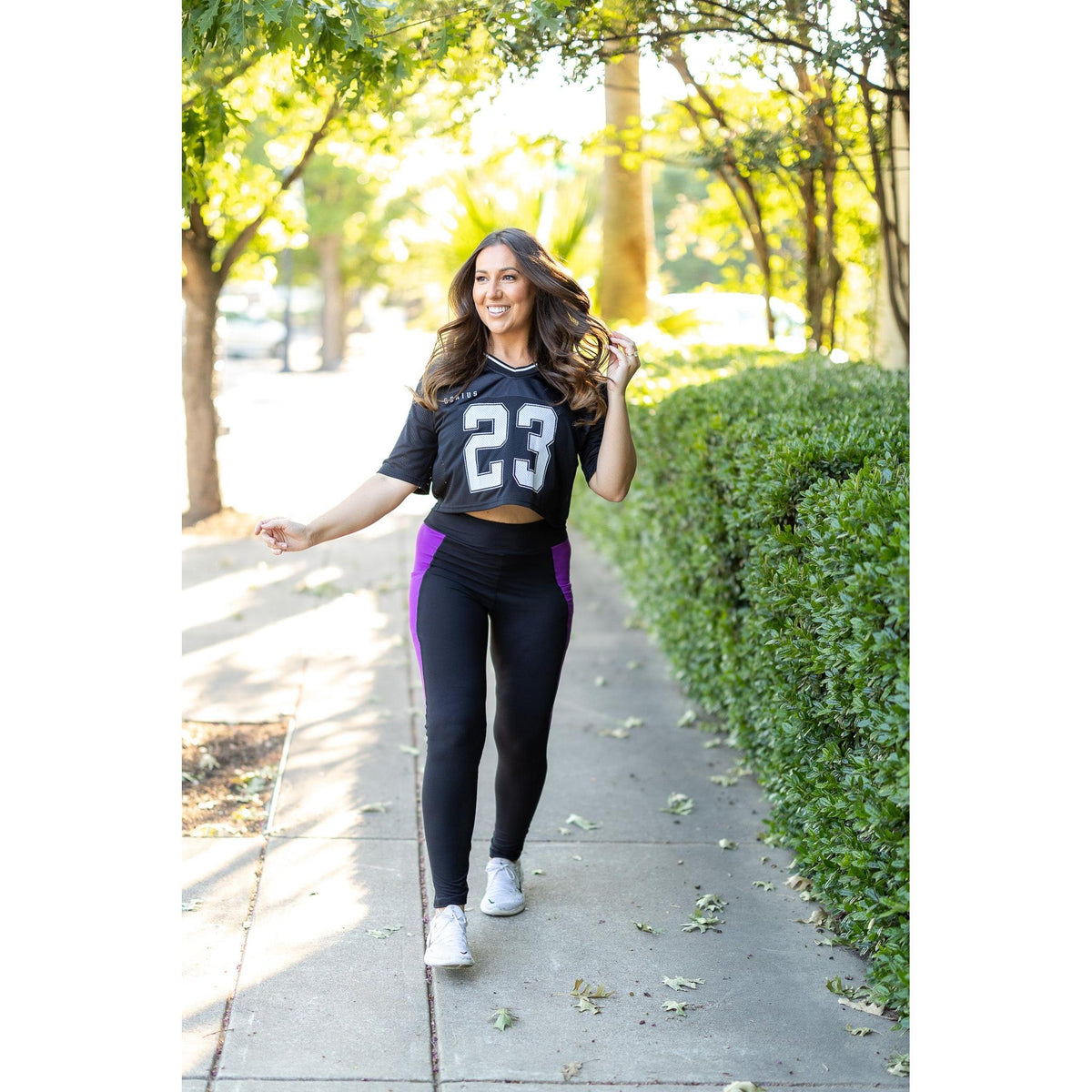 Julia Rose Presley Purple Panel Full Length Leggings women’s boutique leggings front view, Woman wearing Julia Rose Presley leggings with purple panel detail