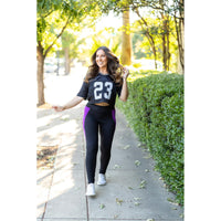 Julia Rose Presley Purple Panel Full Length Leggings women’s boutique leggings front view, Woman wearing Julia Rose Presley leggings with purple panel detail