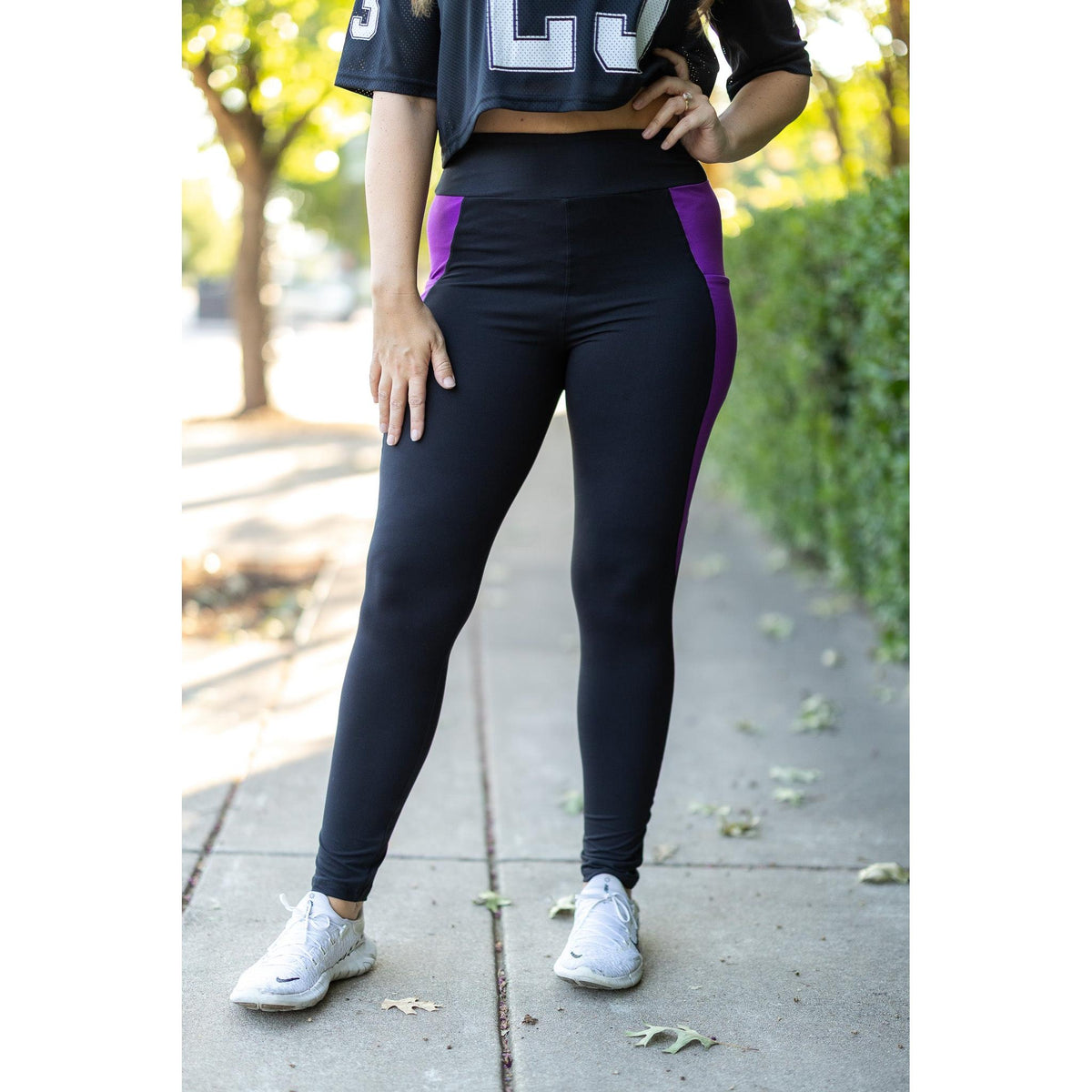 Julia Rose Presley Purple Panel Full Length Leggings women’s boutique leggings front view, Woman wearing Julia Rose Presley leggings with purple panel detail