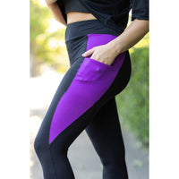 Julia Rose Presley Purple Panel Full Length Leggings women’s boutique leggings front view, Woman wearing Julia Rose Presley leggings with purple panel detail