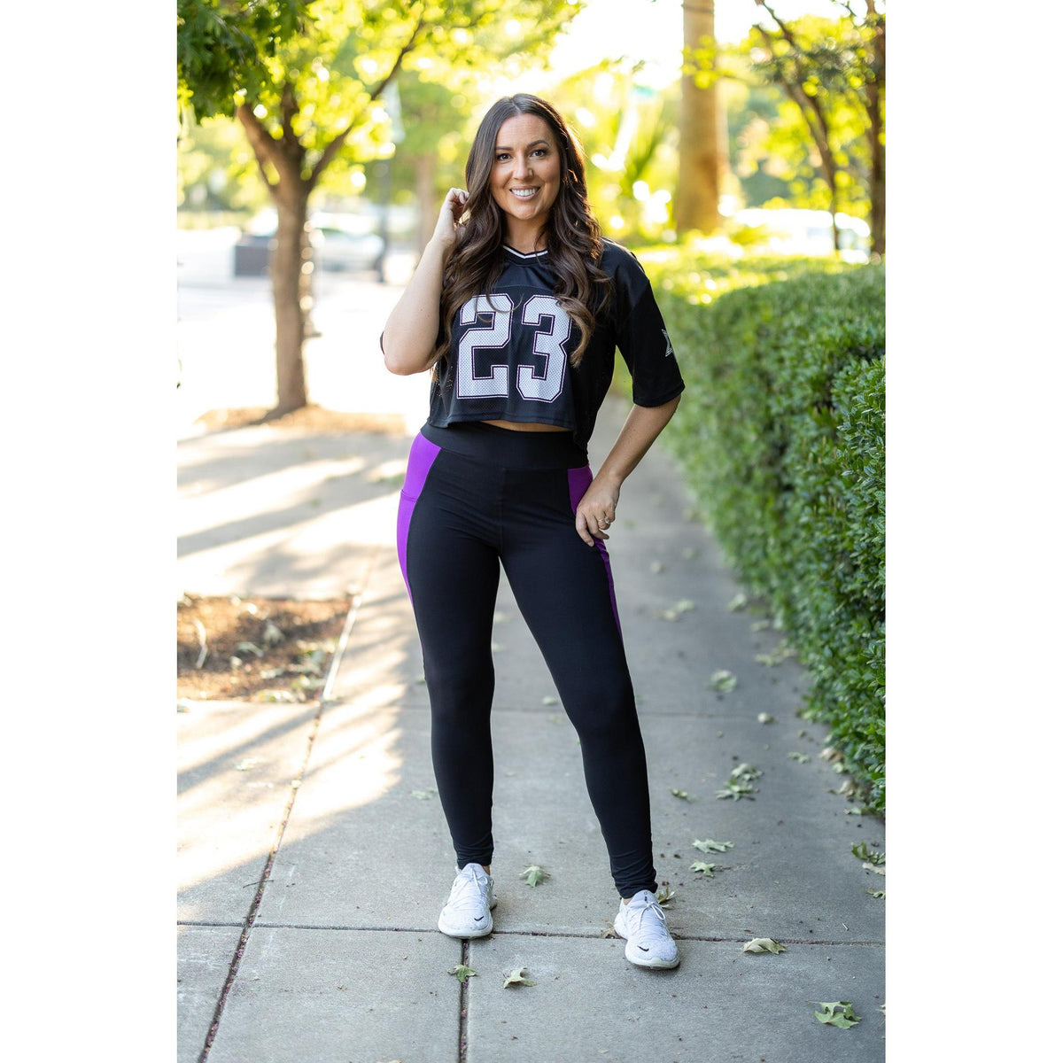 Julia Rose Presley Purple Panel Full Length Leggings women’s boutique leggings front view, Woman wearing Julia Rose Presley leggings with purple panel detail