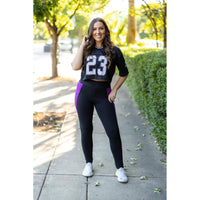 Julia Rose Presley Purple Panel Full Length Leggings women’s boutique leggings front view, Woman wearing Julia Rose Presley leggings with purple panel detail