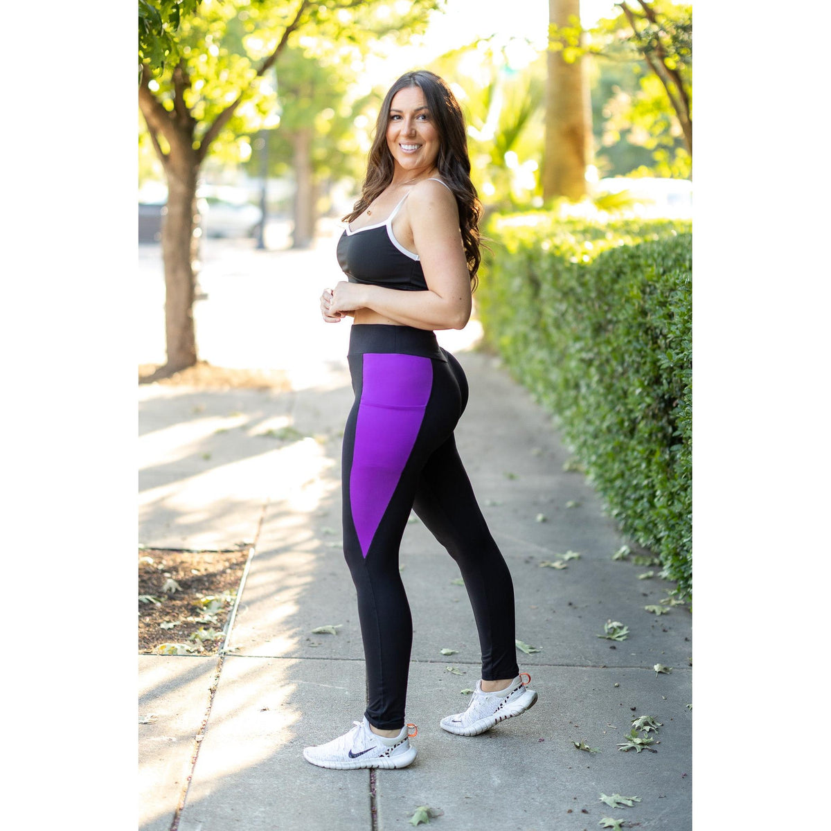 Julia Rose Presley Purple Panel Full Length Leggings women’s boutique leggings front view, Woman wearing Julia Rose Presley leggings with purple panel detail
