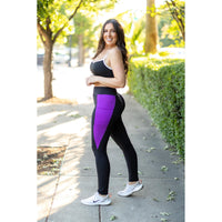 Julia Rose Presley Purple Panel Full Length Leggings women’s boutique leggings front view, Woman wearing Julia Rose Presley leggings with purple panel detail