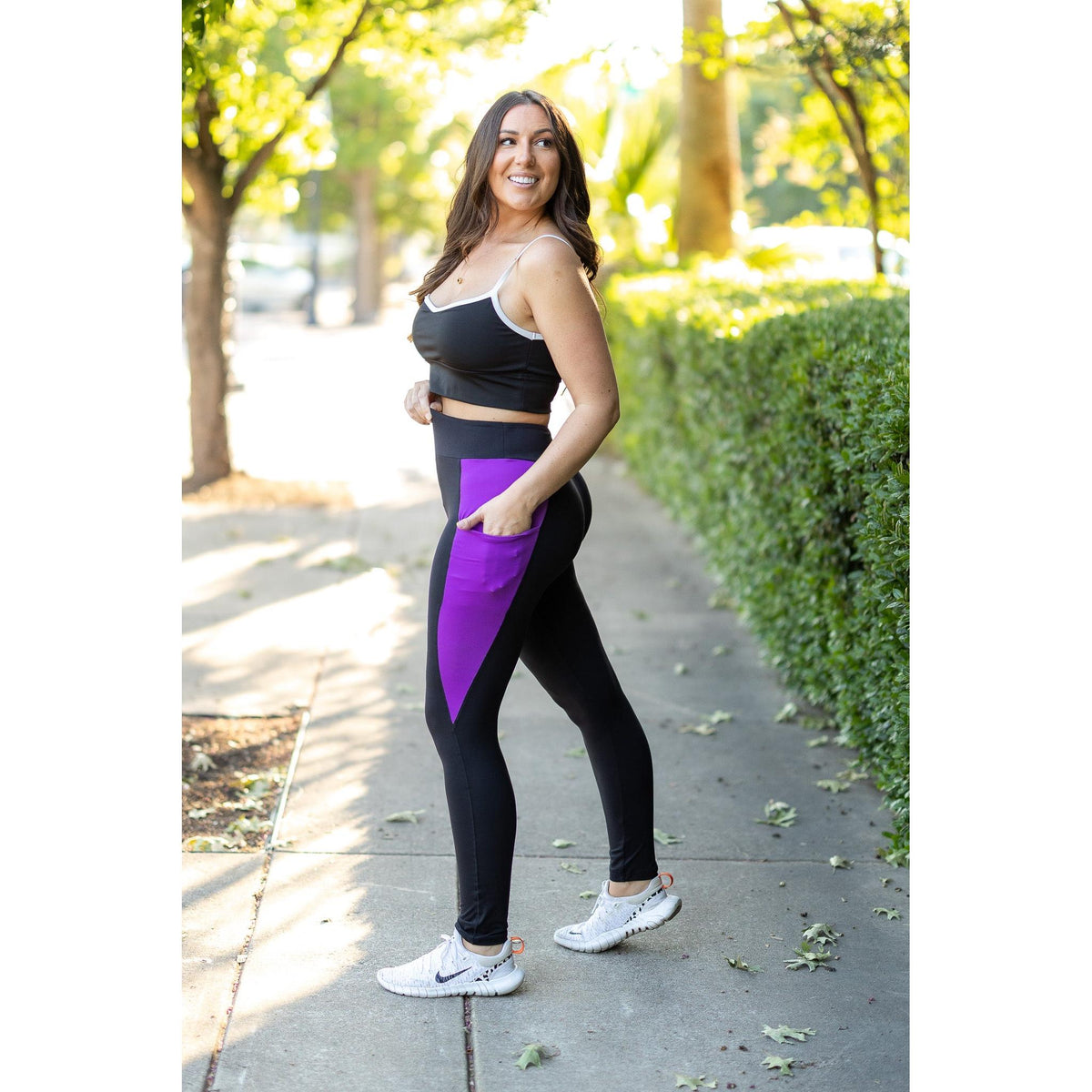 Julia Rose Presley Purple Panel Full Length Leggings women’s boutique leggings front view, Woman wearing Julia Rose Presley leggings with purple panel detail