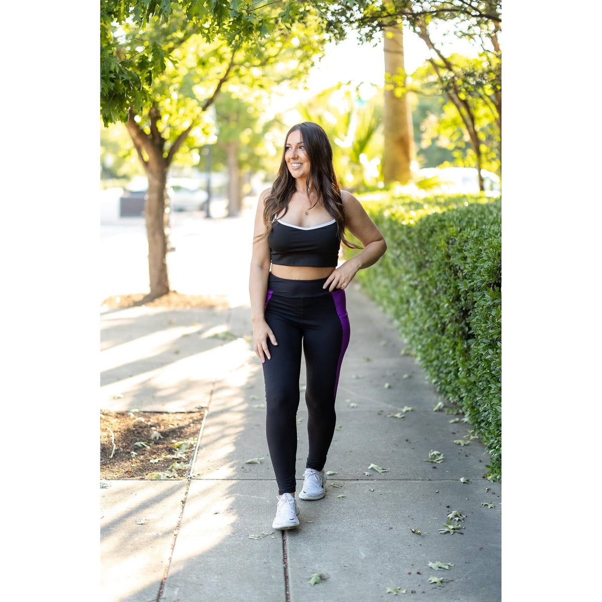 Julia Rose Presley Purple Panel Full Length Leggings women’s boutique leggings front view, Woman wearing Julia Rose Presley leggings with purple panel detail