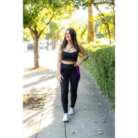 Julia Rose Presley Purple Panel Full Length Leggings women’s boutique leggings front view, Woman wearing Julia Rose Presley leggings with purple panel detail