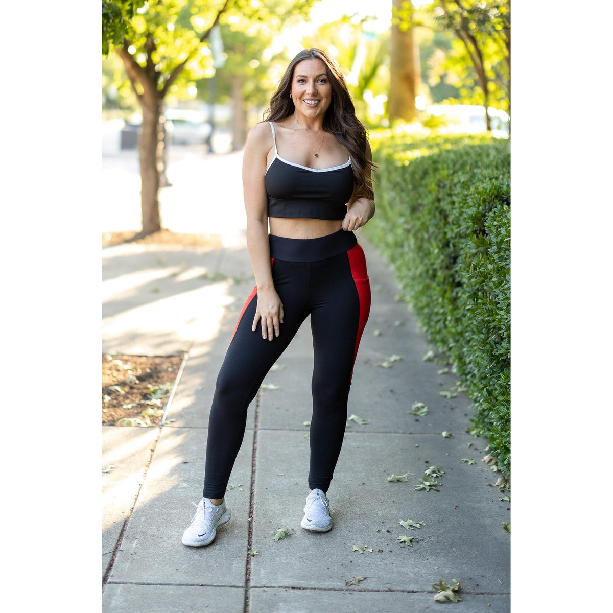 Julia Rose Roxie Red Panel Full Length Leggings women’s boutique leggings front view, Woman wearing Julia Rose Roxie leggings with red panel detail