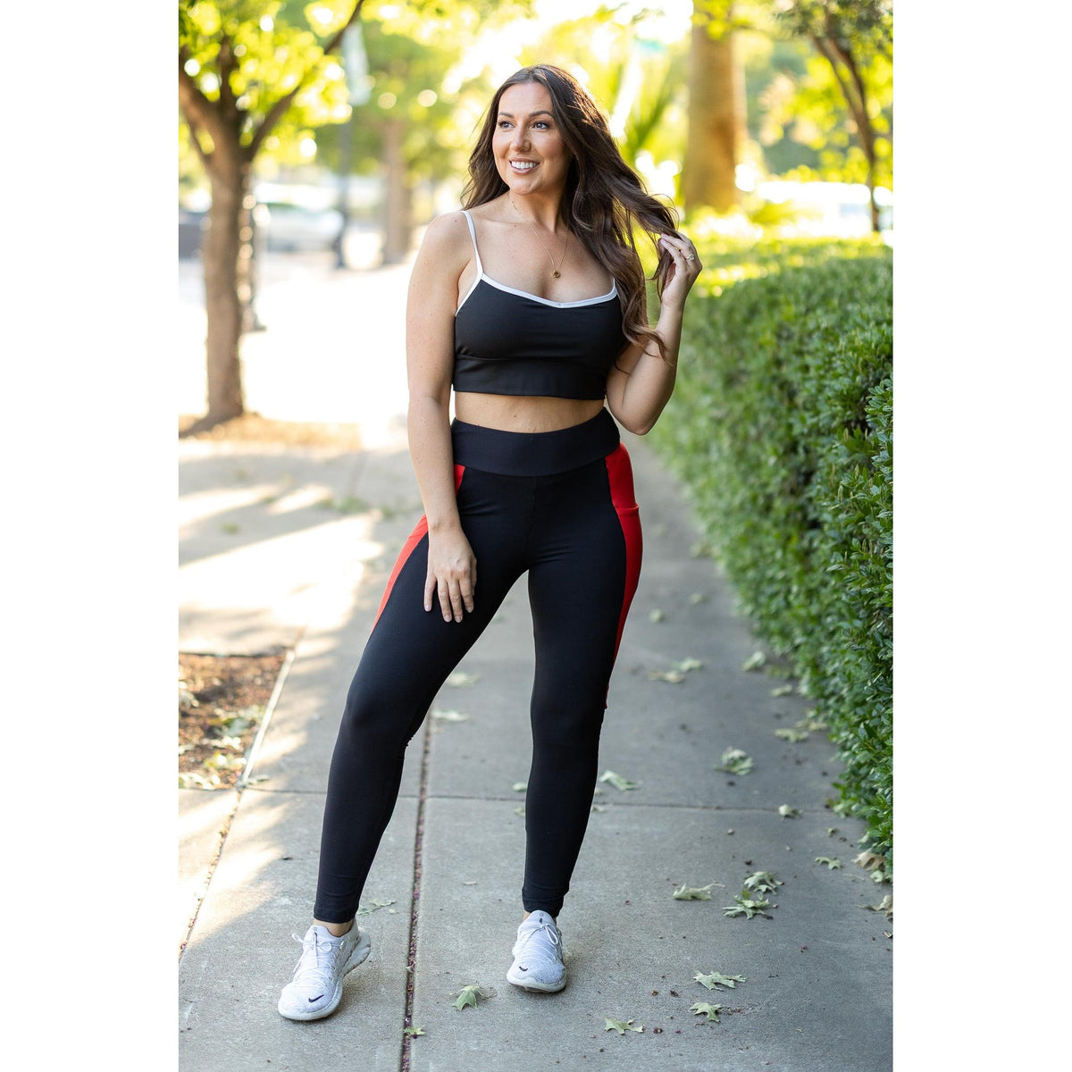 Julia Rose Roxie Red Panel Full Length Leggings women’s boutique leggings front view, Woman wearing Julia Rose Roxie leggings with red panel detail