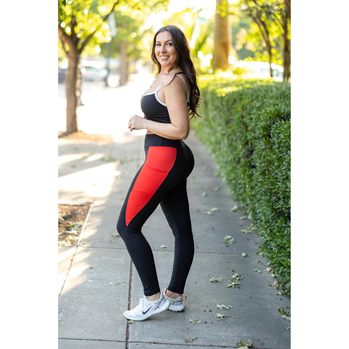 Julia Rose Roxie Red Panel Full Length Leggings women’s boutique leggings front view, Woman wearing Julia Rose Roxie leggings with red panel detail