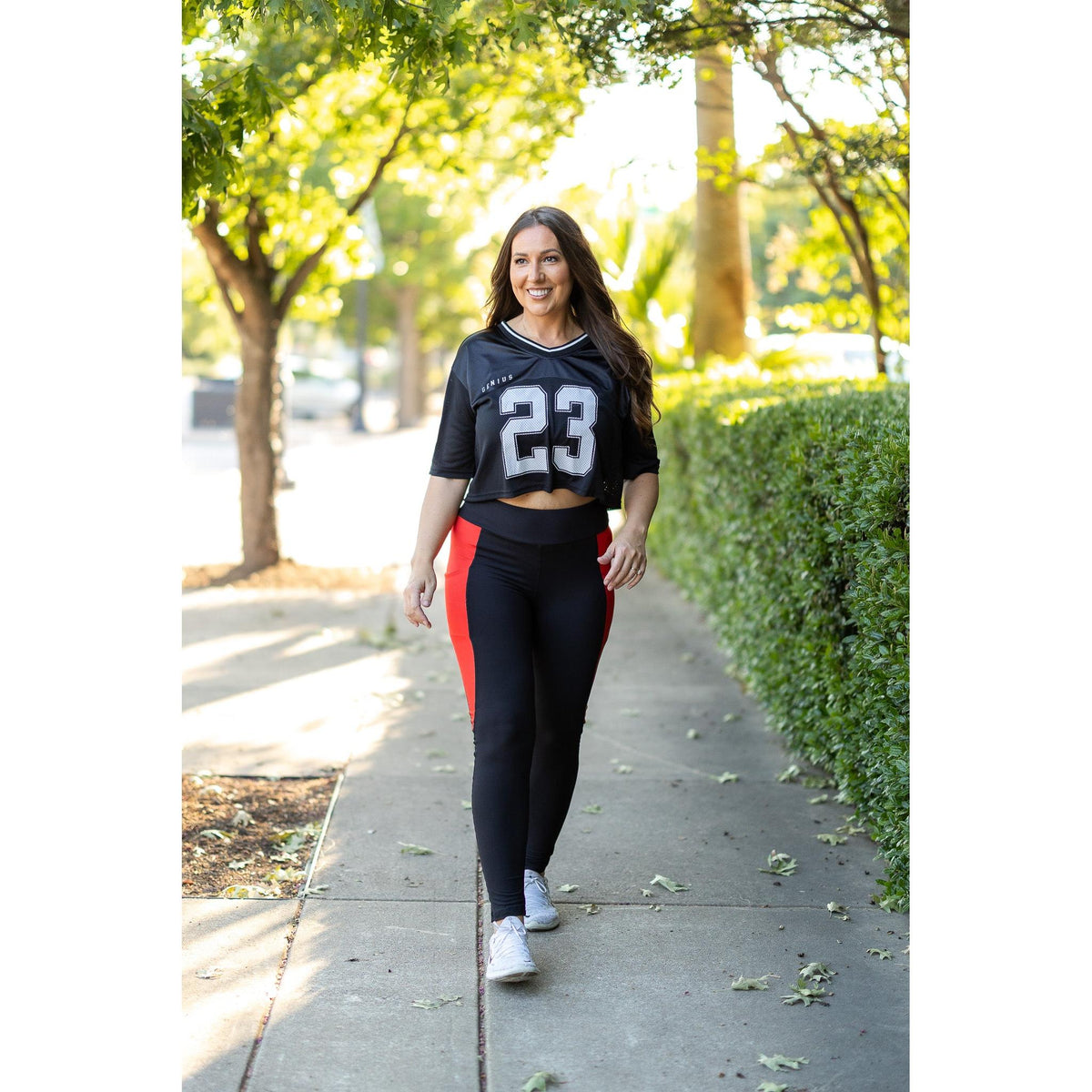 Julia Rose Roxie Red Panel Full Length Leggings women’s boutique leggings front view, Woman wearing Julia Rose Roxie leggings with red panel detail