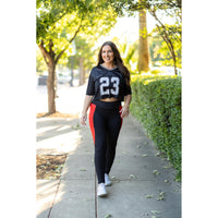 Julia Rose Roxie Red Panel Full Length Leggings women’s boutique leggings front view, Woman wearing Julia Rose Roxie leggings with red panel detail