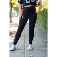 Julia Rose Roxie Red Panel Full Length Leggings women’s boutique leggings front view, Woman wearing Julia Rose Roxie leggings with red panel detail