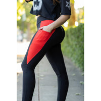 Julia Rose Roxie Red Panel Full Length Leggings women’s boutique leggings front view, Woman wearing Julia Rose Roxie leggings with red panel detail