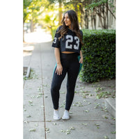 Julia Rose Gracie Green Panel Full Length Leggings women’s boutique leggings front view, Woman wearing Julia Rose Gracie leggings with green panel detail