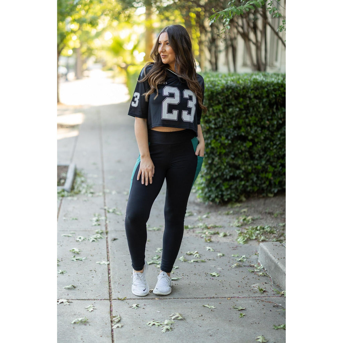 Julia Rose Gracie Green Panel Full Length Leggings women’s boutique leggings front view, Woman wearing Julia Rose Gracie leggings with green panel detail