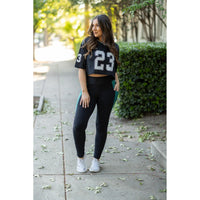 Julia Rose Gracie Green Panel Full Length Leggings women’s boutique leggings front view, Woman wearing Julia Rose Gracie leggings with green panel detail